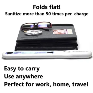 Foldable 254nm UV-C Quartz Wand System showing Flat Configuration for Travel and High-Output Battery Performance