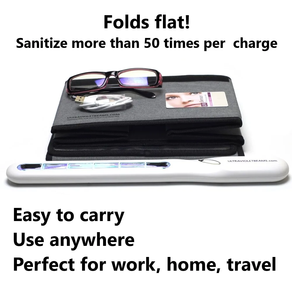 Foldable 254nm UV-C Quartz Wand System showing Flat Configuration for Travel and High-Output Battery Performance