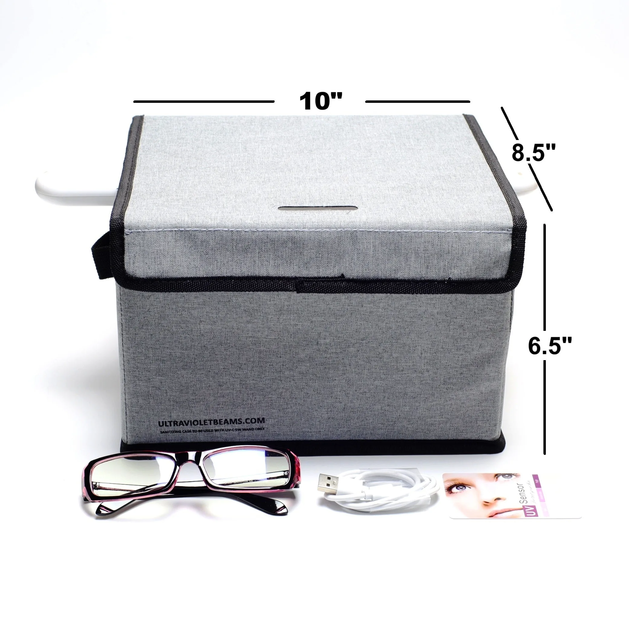 Dimensions for 5W UV-C Quartz Lamp and Foldable 254nm Treatment Case with UV Sensor Card and Safety Glasses